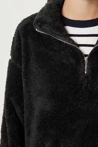 Happiness İstanbul Women Black Zippered Plush Sweatshirt - Image 4