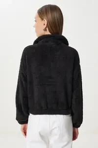 Happiness İstanbul Women Black Zippered Plush Sweatshirt - Image 5