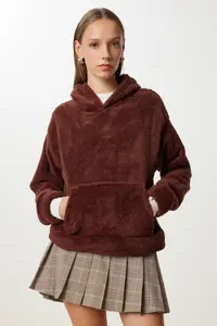 Happiness İstanbul Women's Brown Hooded Fleece Sweatshirt with Pockets - Image 2
