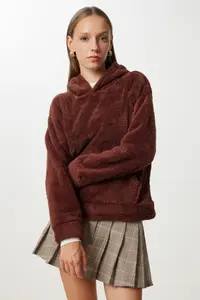 Happiness İstanbul Women's Brown Hooded Fleece Sweatshirt with Pockets - Image 3