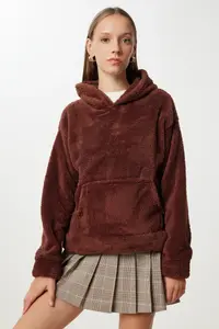 Happiness İstanbul Women's Brown Hooded Fleece Sweatshirt with Pockets - Image 4