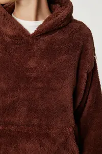 Happiness İstanbul Women's Brown Hooded Fleece Sweatshirt with Pockets - Image 5