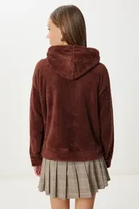 Happiness İstanbul Women's Brown Hooded Fleece Sweatshirt with Pockets - Image 6