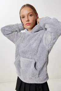 Happiness İstanbul Women Gray Hooded with pocket Fleece Sweatshirt