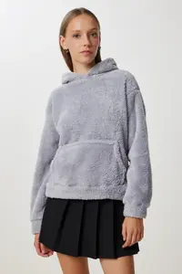 Happiness İstanbul Women Gray Hooded with pocket Fleece Sweatshirt - Image 2
