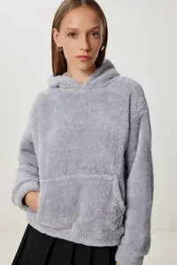 Happiness İstanbul Women Gray Hooded with pocket Fleece Sweatshirt - Image 3