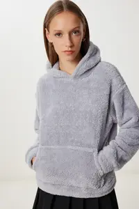 Happiness İstanbul Women Gray Hooded with pocket Fleece Sweatshirt - Image 4