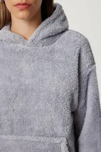 Happiness İstanbul Women Gray Hooded with pocket Fleece Sweatshirt - Image 5