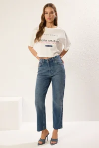 TRENDYOLMİLLA Light Blue Cut-Out High Waist Straight 100% Cotton Non-Stretch jeans