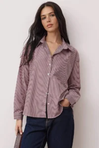 TRENDYOLMİLLA Burgundy Striped Oversized/Wide Pattern Shirt