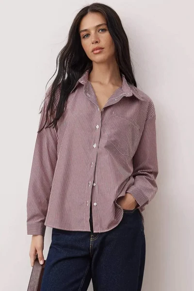 TRENDYOLMİLLA Burgundy Striped Oversized/Wide Pattern Shirt