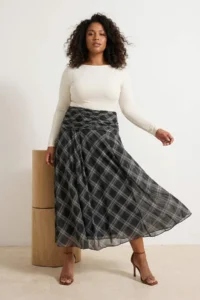 Trendyol Curve Black-Gray Maxi Ruffle/Drape Detailed Boho/Boho Chic Printed Tulle Flexible Knitting Skirt