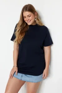 Trendyol Curve Navy Blue Ribbed Relaxed 100% Cotton Knitting T-Shirt - Image 2