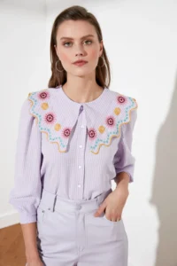 TRENDYOLMİLLA Lilac Embroidery Detailed seersucker Material Regular Normal Pattern Weaving Shirt - Image 3