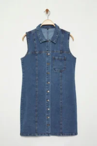Trendyol Curve Light Blue Shirt Collar with pocket Middle Flexible Plus Size denim Dress - Image 5