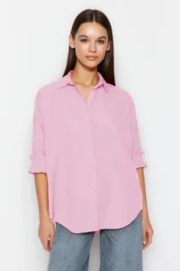 TRENDYOLMİLLA Pink Cotton Oversized Wide Pattern Weaving Shirt - Image 7