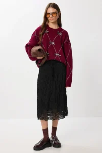 Lovelyİstanbul Lined Summer Midi Lace Skirt  Black - Image 3