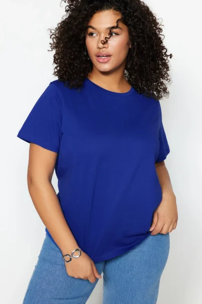 Trendyol Curve Saks Blue Regular Fit Basic Crew Neck 100% Cotton Knitting Plus Size T-Shirt