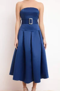 TRENDYOLMİLLA Navy Blue Satin Strapless Collar Pleated Belt Detailed Midi Dress - Image 3