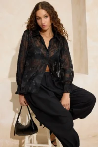 TRENDYOLMİLLA Black Burning Flower Detailed Unlined Shirt - Image 2