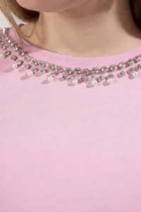Trendyol Curve Pink Stoned Collar Relaxed Fit 100% Cotton Knitting Plus Size T-Shirt - Image 7