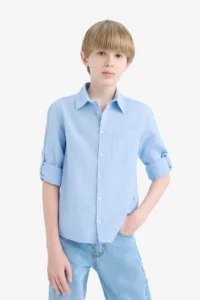 DeFacto Polo Neck Linen Look Long Sleeve Shirt for Boys - Image 3
