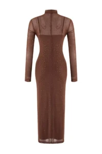 TRENDYOLMİLLA Light Brown Shiny Stoned Tulle Evening Gown Gece Graduation Dress - Image 6