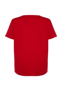Trendyol Curve Red relaxed Fit Slogan Printed Crew Neck 100% Cotton Knitting Plus Size T-Shirt - Image 8