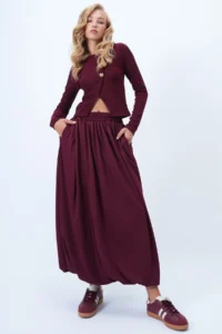 Trend Alaçatı Stili Women's Burgundy Double Pocket Lined Maxi Length Bubble Skirt Alc-X14348 - Image 2