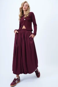 Trend Alaçatı Stili Women's Burgundy Double Pocket Lined Maxi Length Bubble Skirt Alc-X14348 - Image 3