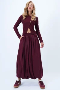 Trend Alaçatı Stili Women's Burgundy Double Pocket Lined Maxi Length Bubble Skirt Alc-X14348 - Image 4