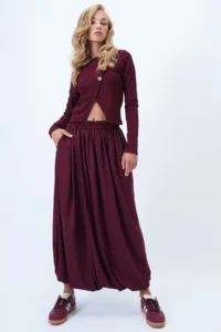 Trend Alaçatı Stili Women's Burgundy Double Pocket Lined Maxi Length Bubble Skirt Alc-X14348 - Image 5