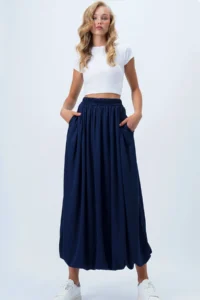 Trend Alaçatı Stili Women's Navy Blue Double Pocket Lined Maxi Length Bubble Skirt Alc-X14348
