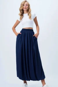 Trend Alaçatı Stili Women's Navy Blue Double Pocket Lined Maxi Length Bubble Skirt Alc-X14348 - Image 3