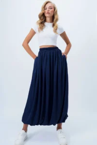 Trend Alaçatı Stili Women's Navy Blue Double Pocket Lined Maxi Length Bubble Skirt Alc-X14348 - Image 4