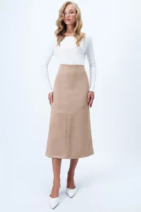 Trend Alaçatı Stili Women's Beige Hidden Zipper Stitching Detailed Faux Suede Maxi Length Skirt Alc-X14407