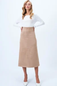 Trend Alaçatı Stili Women's Beige Hidden Zipper Stitching Detailed Faux Suede Maxi Length Skirt Alc-X14407 - Image 2