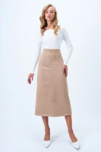 Trend Alaçatı Stili Women's Beige Hidden Zipper Stitching Detailed Faux Suede Maxi Length Skirt Alc-X14407 - Image 3