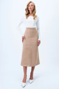 Trend Alaçatı Stili Women's Beige Hidden Zipper Stitching Detailed Faux Suede Maxi Length Skirt Alc-X14407 - Image 4