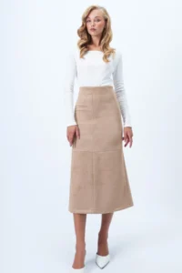 Trend Alaçatı Stili Women's Beige Hidden Zipper Stitching Detailed Faux Suede Maxi Length Skirt Alc-X14407 - Image 5