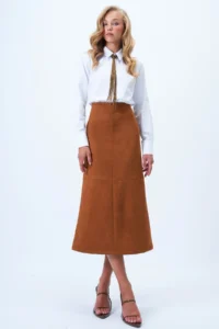 Trend Alaçatı Stili Women's Tan Hidden Zipper Stitching Detailed Faux Suede Maxi Length Skirt Alc-X14407