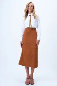 Trend Alaçatı Stili Women's Tan Hidden Zipper Stitching Detailed Faux Suede Maxi Length Skirt Alc-X14407 - Image 2
