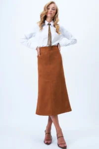 Trend Alaçatı Stili Women's Tan Hidden Zipper Stitching Detailed Faux Suede Maxi Length Skirt Alc-X14407 - Image 3