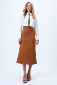 Trend Alaçatı Stili Women's Tan Hidden Zipper Stitching Detailed Faux Suede Maxi Length Skirt Alc-X14407 - Image 5