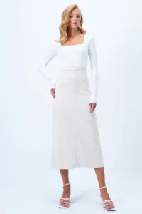 Trend Alaçatı Stili Women's Ecru Hidden Zipper Stitching Detailed Faux Suede Maxi Length Skirt Alc-X14407 - Image 3