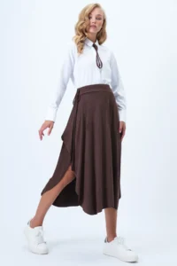 Trend Alaçatı Stili Women's Bitter Brown Asymmetrical Cut Faux Suede Skirt with Tie Waist Alc-X14426