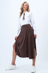 Trend Alaçatı Stili Women's Bitter Brown Asymmetrical Cut Faux Suede Skirt with Tie Waist Alc-X14426 - Image 2