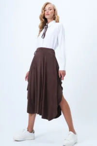 Trend Alaçatı Stili Women's Bitter Brown Asymmetrical Cut Faux Suede Skirt with Tie Waist Alc-X14426 - Image 3