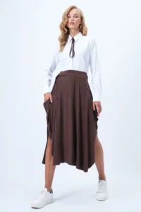 Trend Alaçatı Stili Women's Bitter Brown Asymmetrical Cut Faux Suede Skirt with Tie Waist Alc-X14426 - Image 5