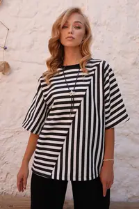 Trend Alaçatı Stili Black-White Crew Neck Stripe Patterned Bat Sleeve Sweatshirt - Image 5